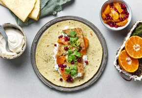 Taco med Sprø Torsk klementing og tyttebærsalsa